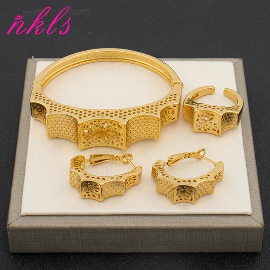 Conjunto Joyas Dubai Oro 18K — Collar, Pendientes y Pulsera | Lujo Árabe Completo
